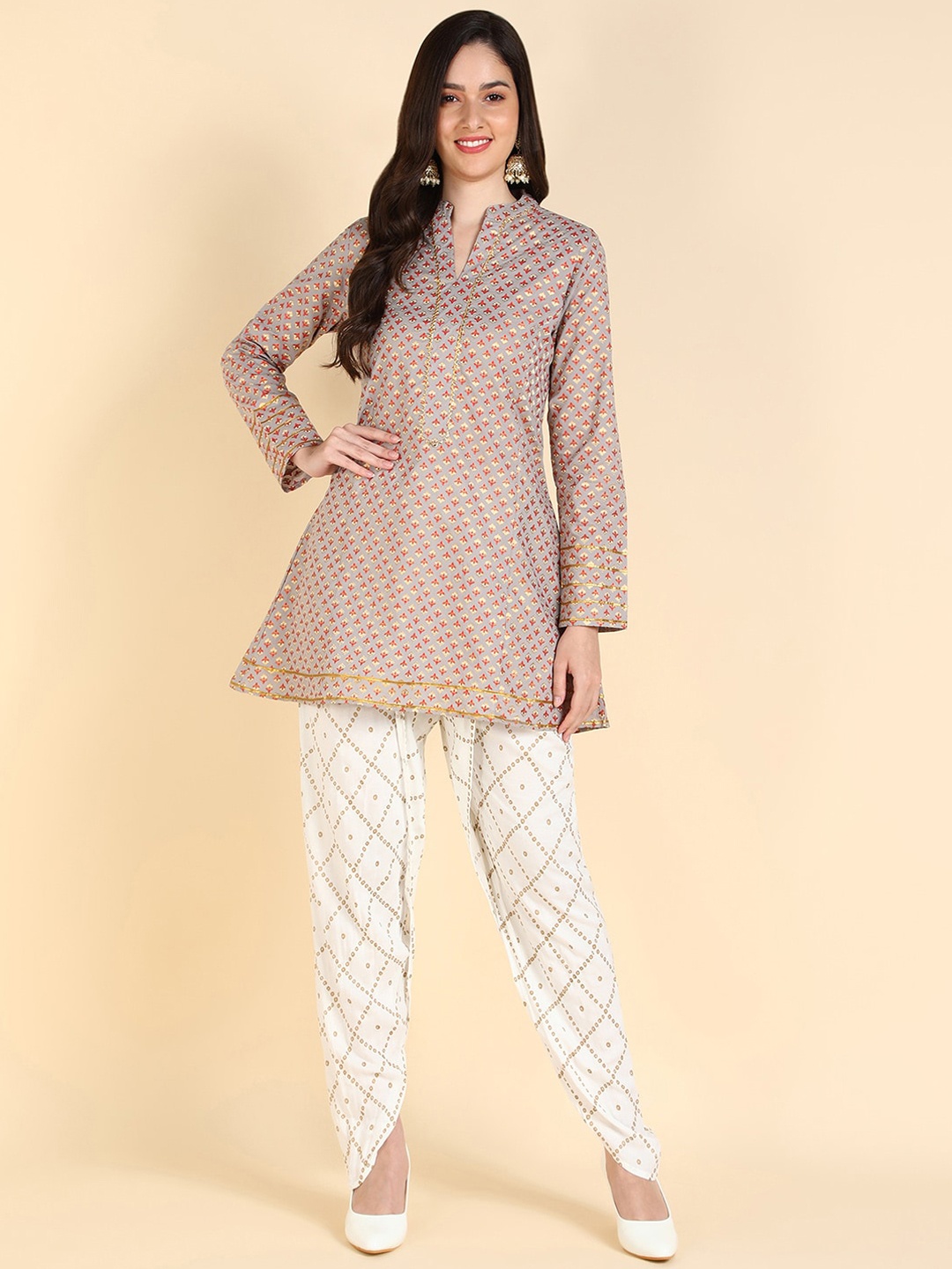 

KALINI Ethnic Motifs Printed Gotta Patti Pure Cotton Regular Kurti with Dhoti Pants, Grey