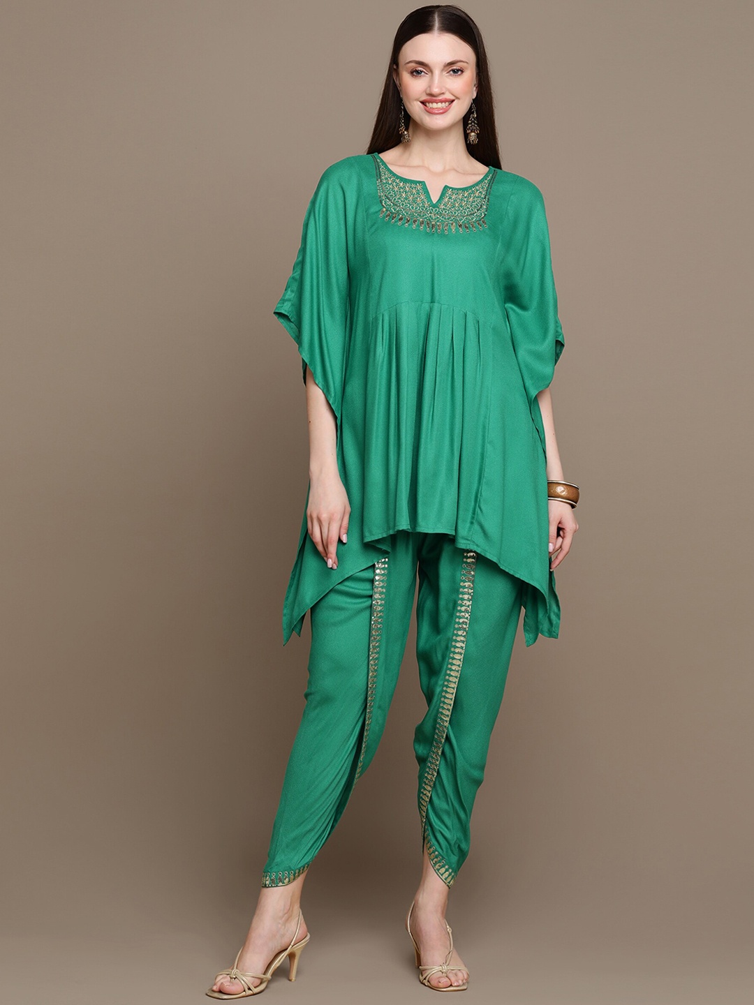

KALINI Ethnic Motifs Yoke Design Regular Thread Work Kurti With Dhoti Pants, Green