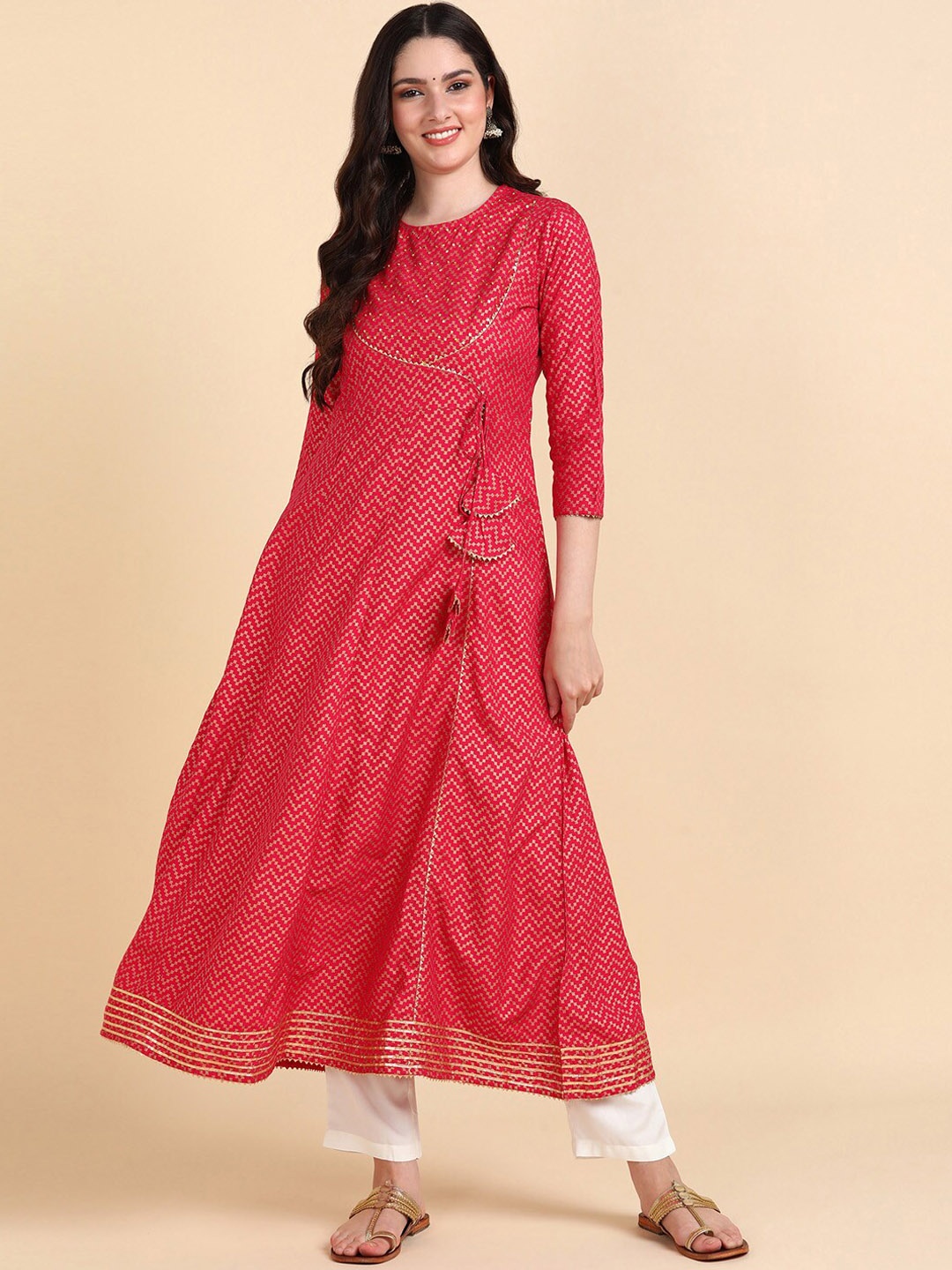 

KALINI Ethnic Motifs Printed Beads and Stones A-Line Kurta with Trousers, Pink