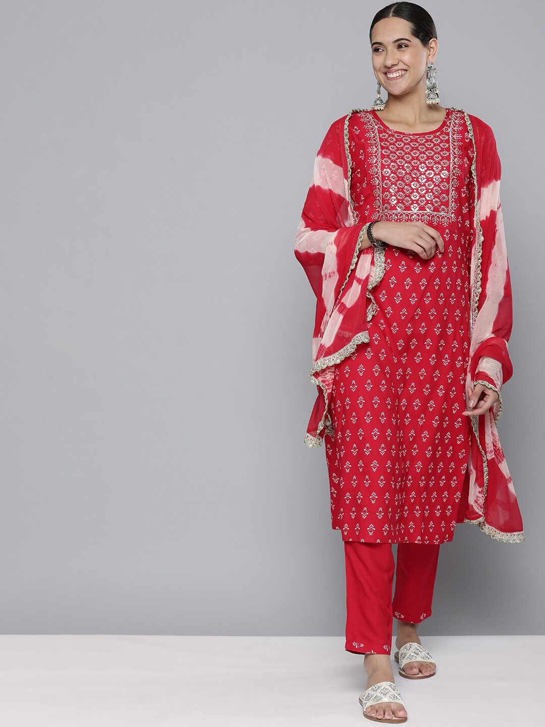 

KALINI Ethnic Motifs Printed Mirror Work Kurta With Trousers & Dupatta, Red