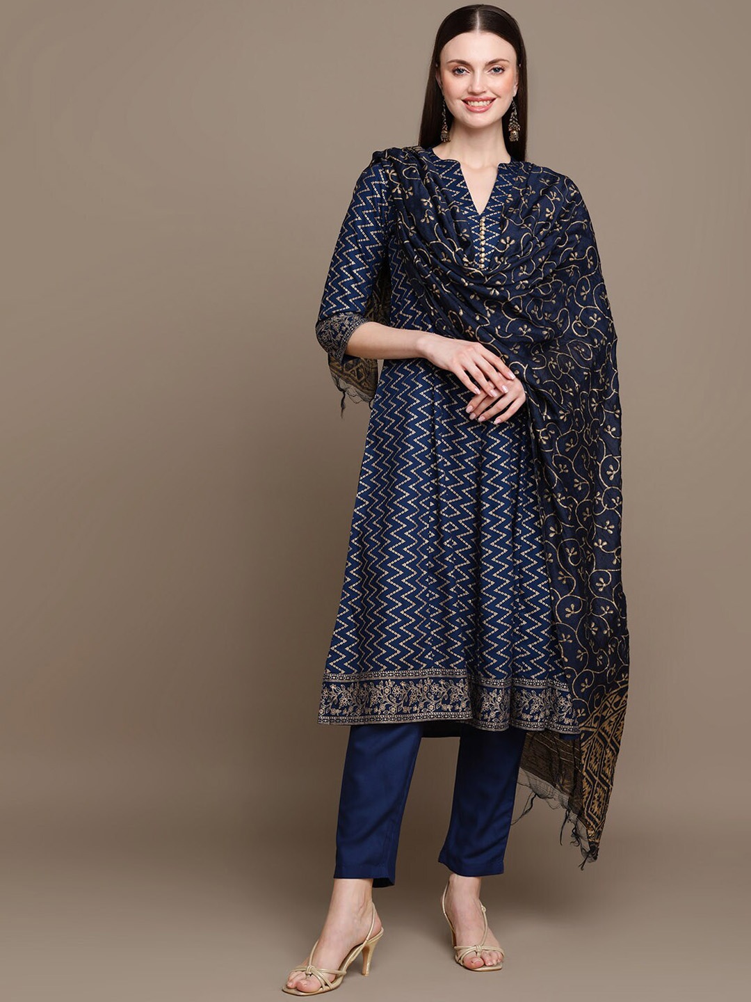 

KALINI Geometric Printed Band Collar A-Line Kurta with Trousers & Dupatta, Blue