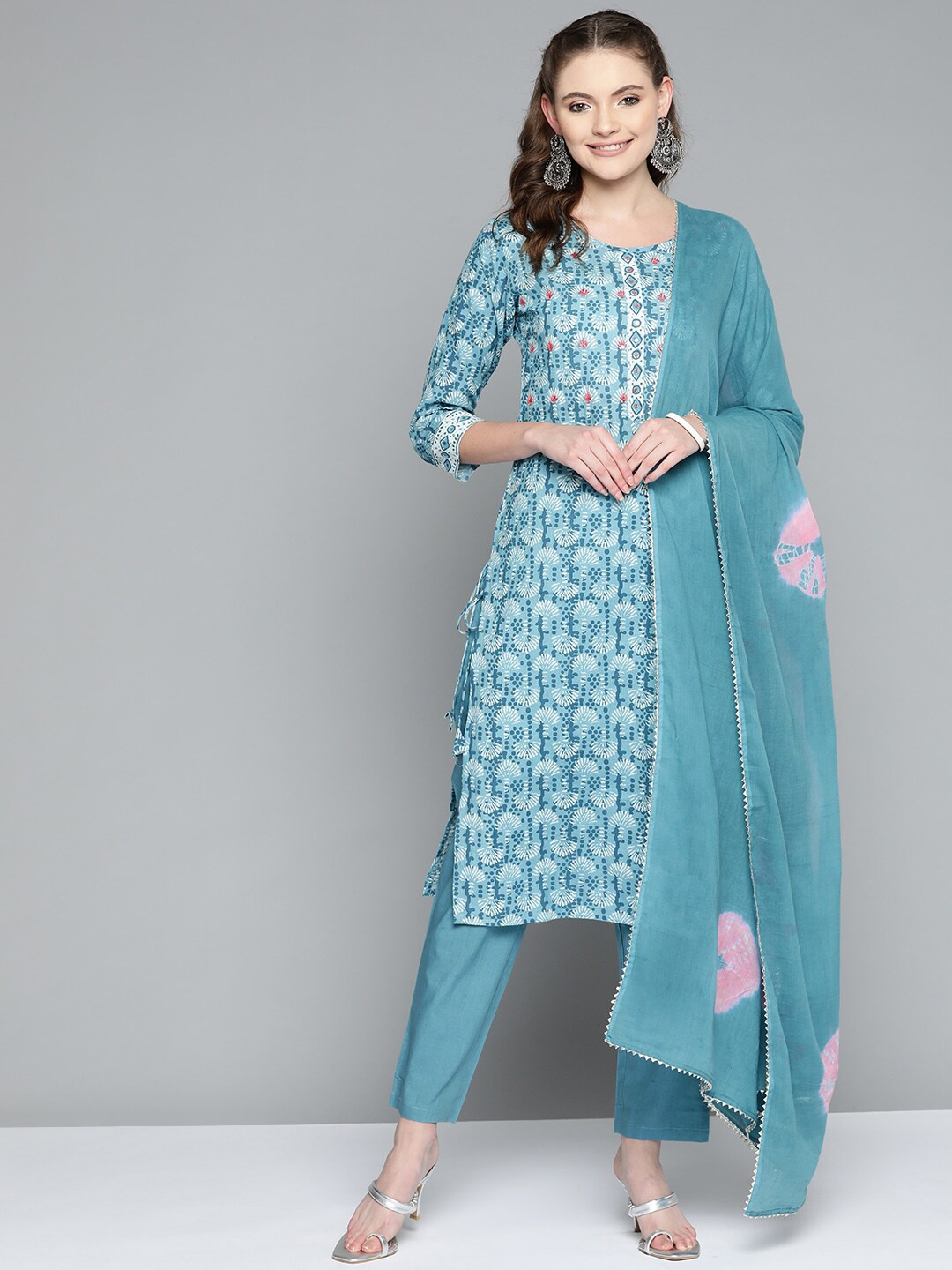 

KALINI Ethnic Motifs Printed Pure Cotton Straight Kurta With Trousers & Dupatta, Blue