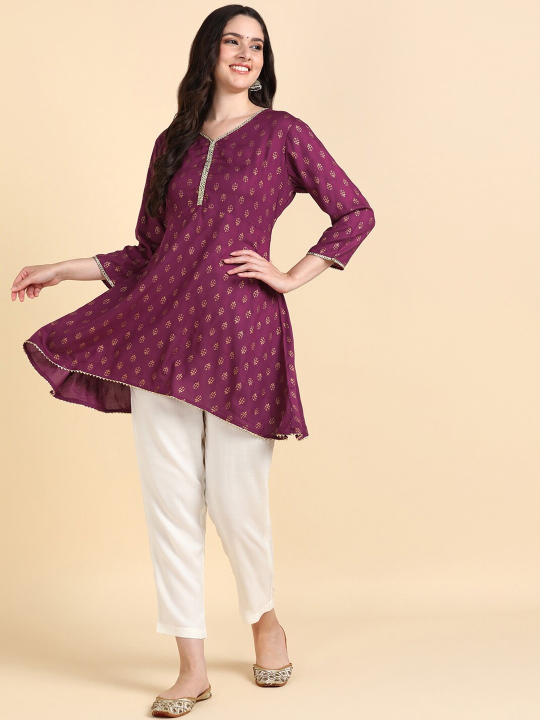 

KALINI Ethnic Motifs Printed A Line Kurta With Trousers, Purple