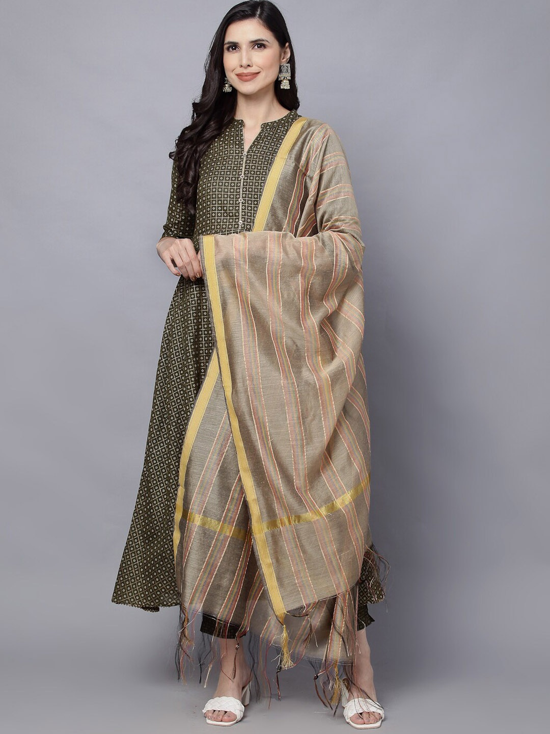 

KALINI Ethnic Motifs Printed Pure Cotton Straight Kurta & Trouser With Dupatta, Green