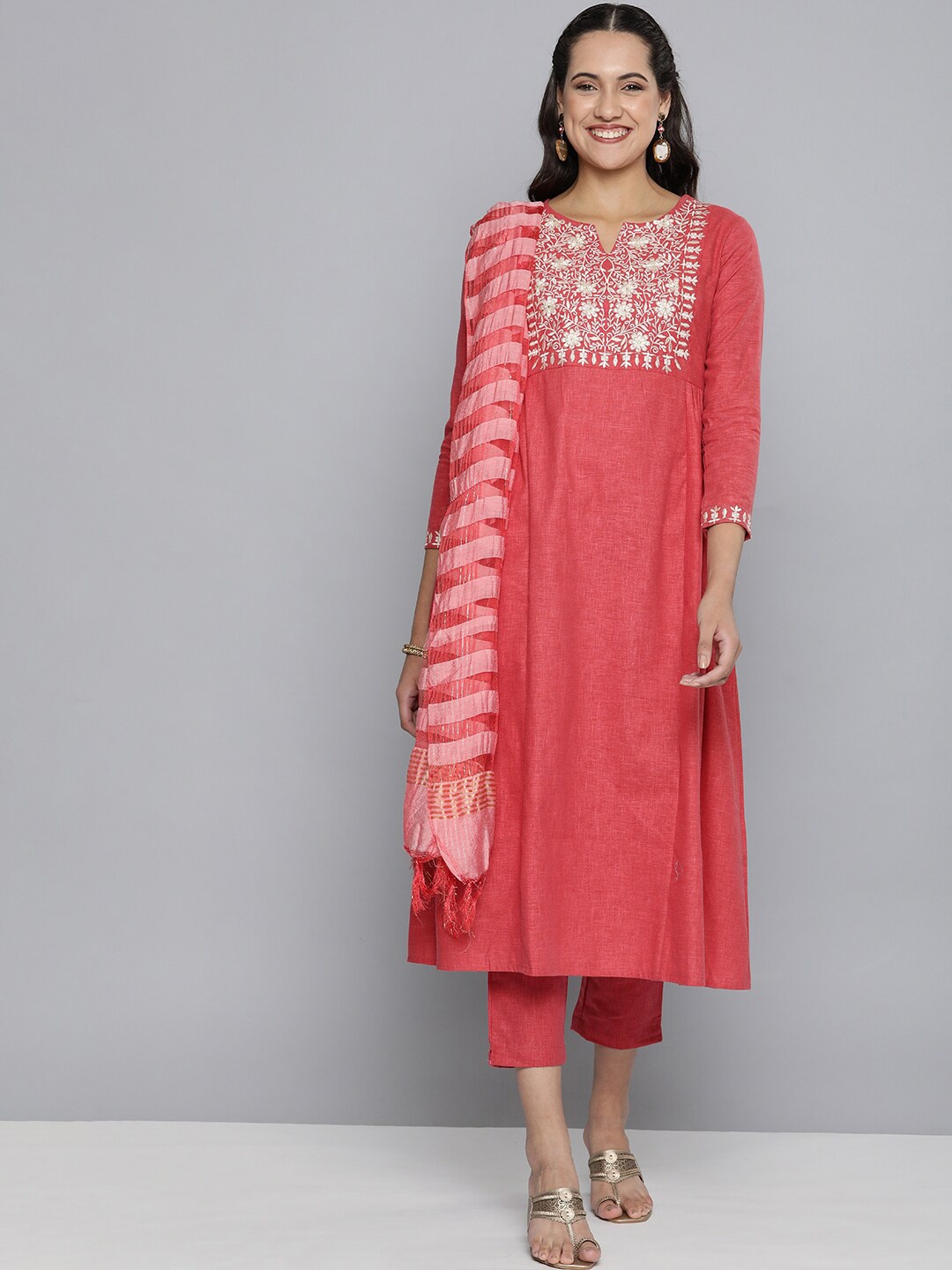 

KALINI Floral Yoke Design Thread Work Pure Cotton Anarkali Kurta with Trousers & Dupatta, Rust