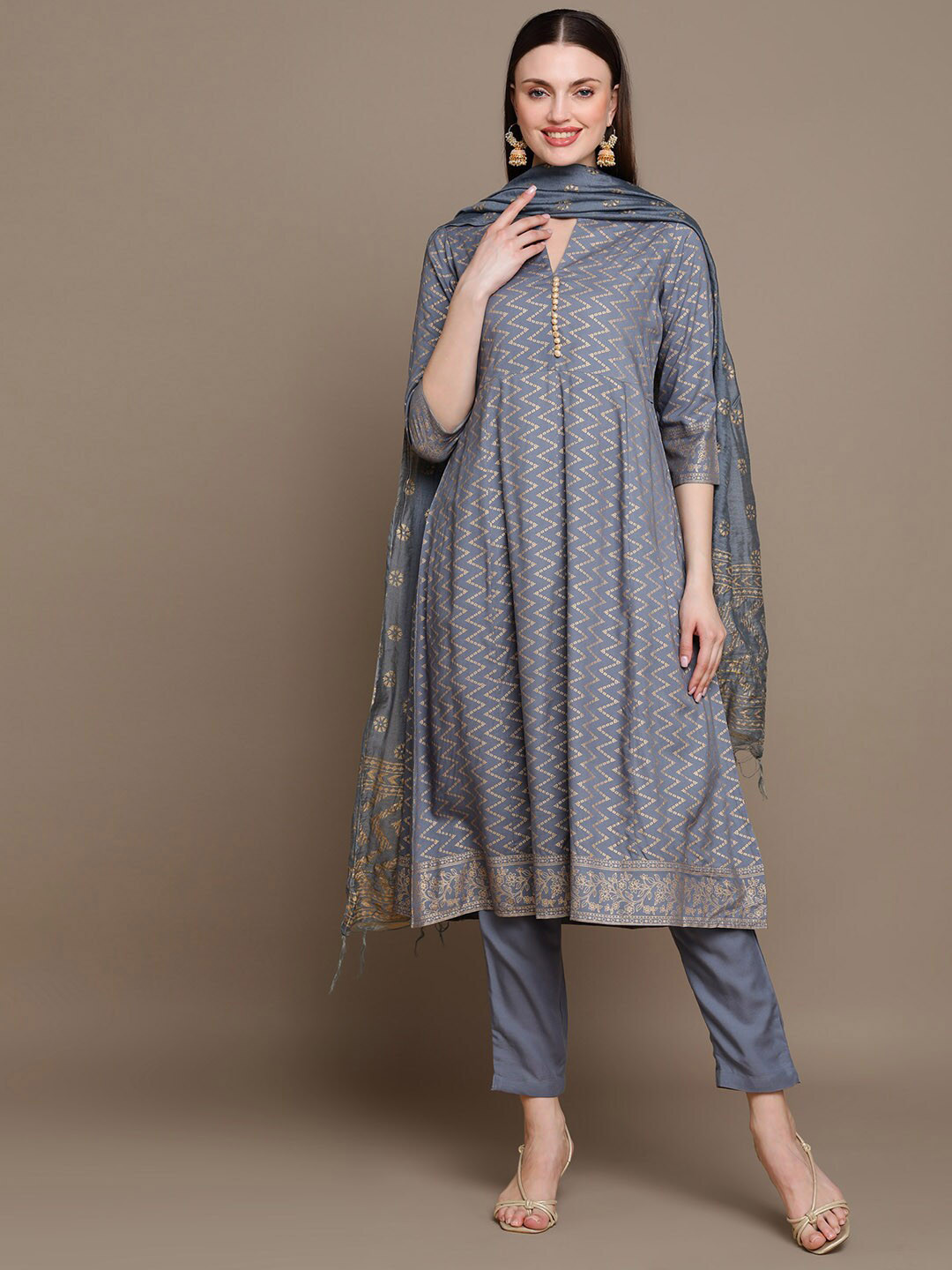 

KALINI Chevron Printed Regular Kurta with Trousers & With Dupatta, Grey
