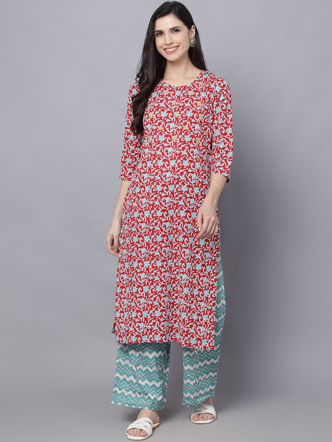 

KALINI Ethnic Motifs Printed Round Neck Straight Kurta With Trouser, Maroon