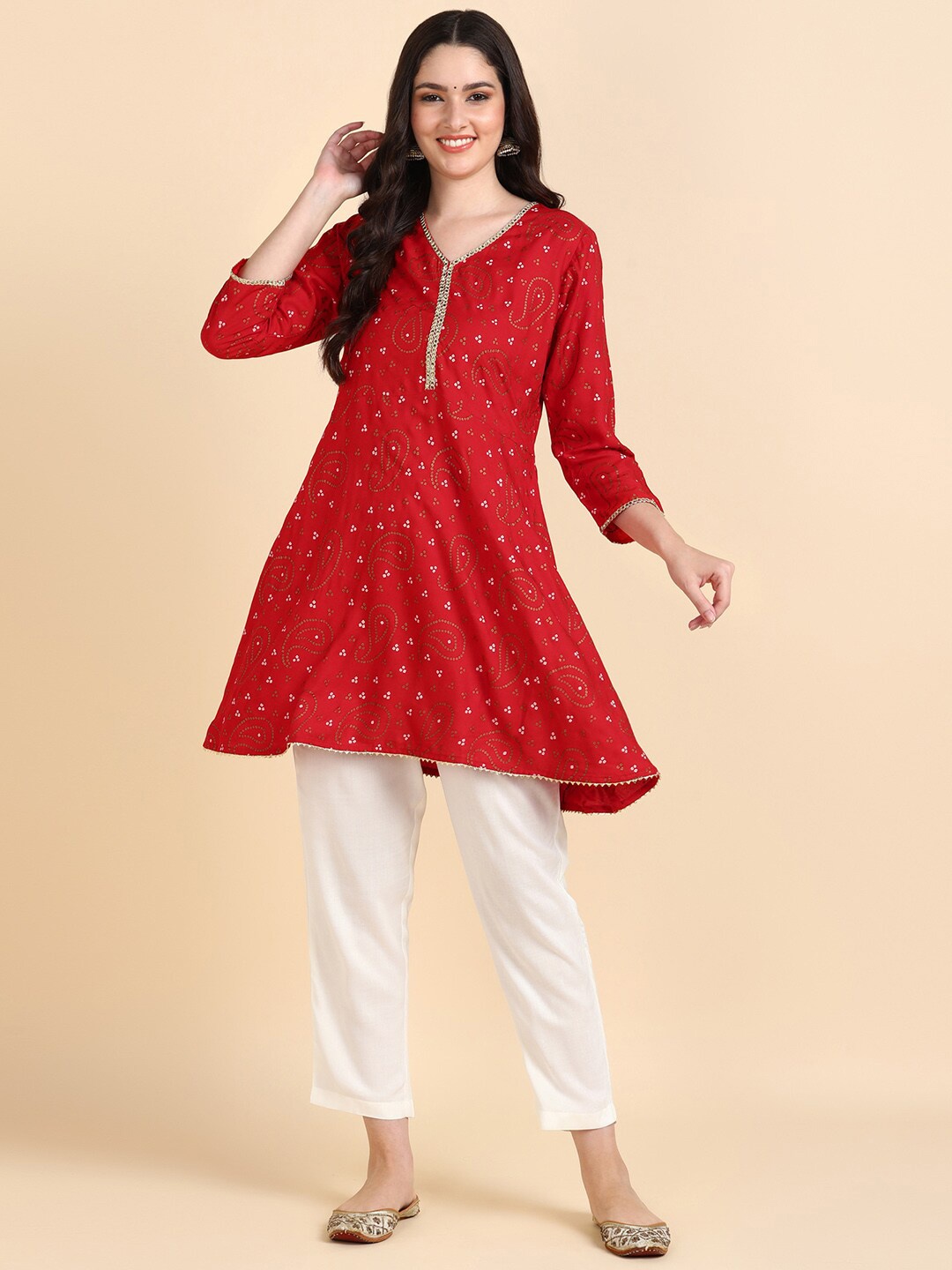

KALINI Bandhani Printed V-Neck Gotta Patti Kurta with Trousers, Red