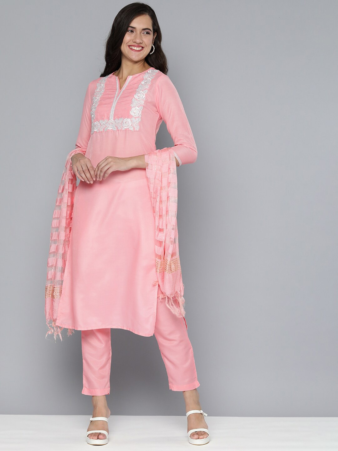 

KALINI Ethnic Motifs Yoke Design Sequinned Straight Kurta With Trousers & Dupatta, Pink