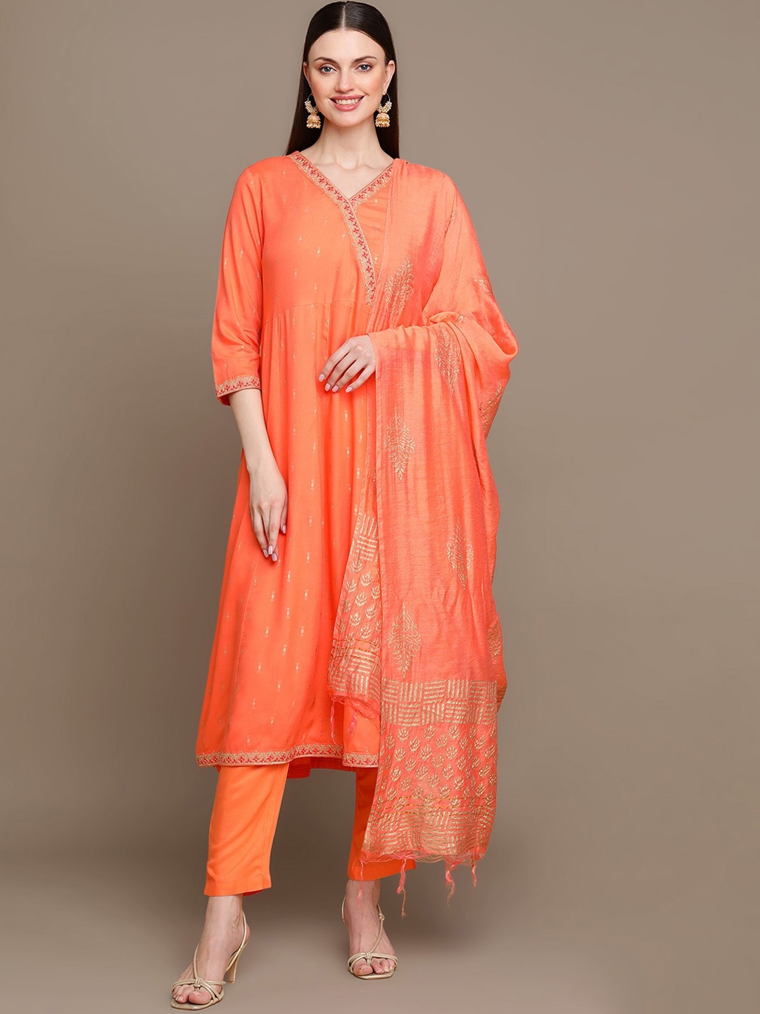 

KALINI Ethnic Motifs Printed V-Neck Thread Work Kurta with Trousers & Dupatta, Peach