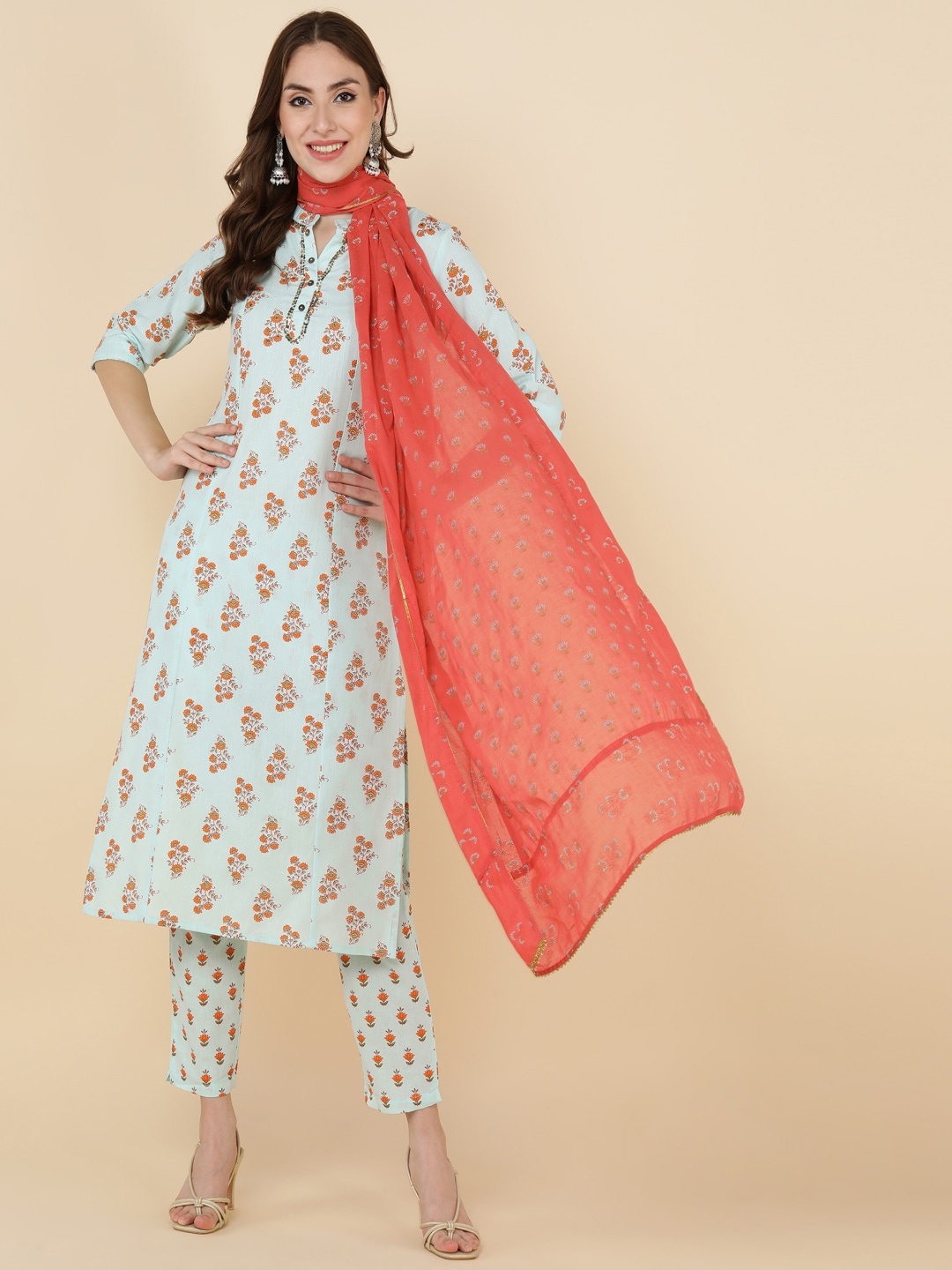 

KALINI Floral Printed Sequinned Detail Straight Kurta & Trousers With Dupatta, Blue