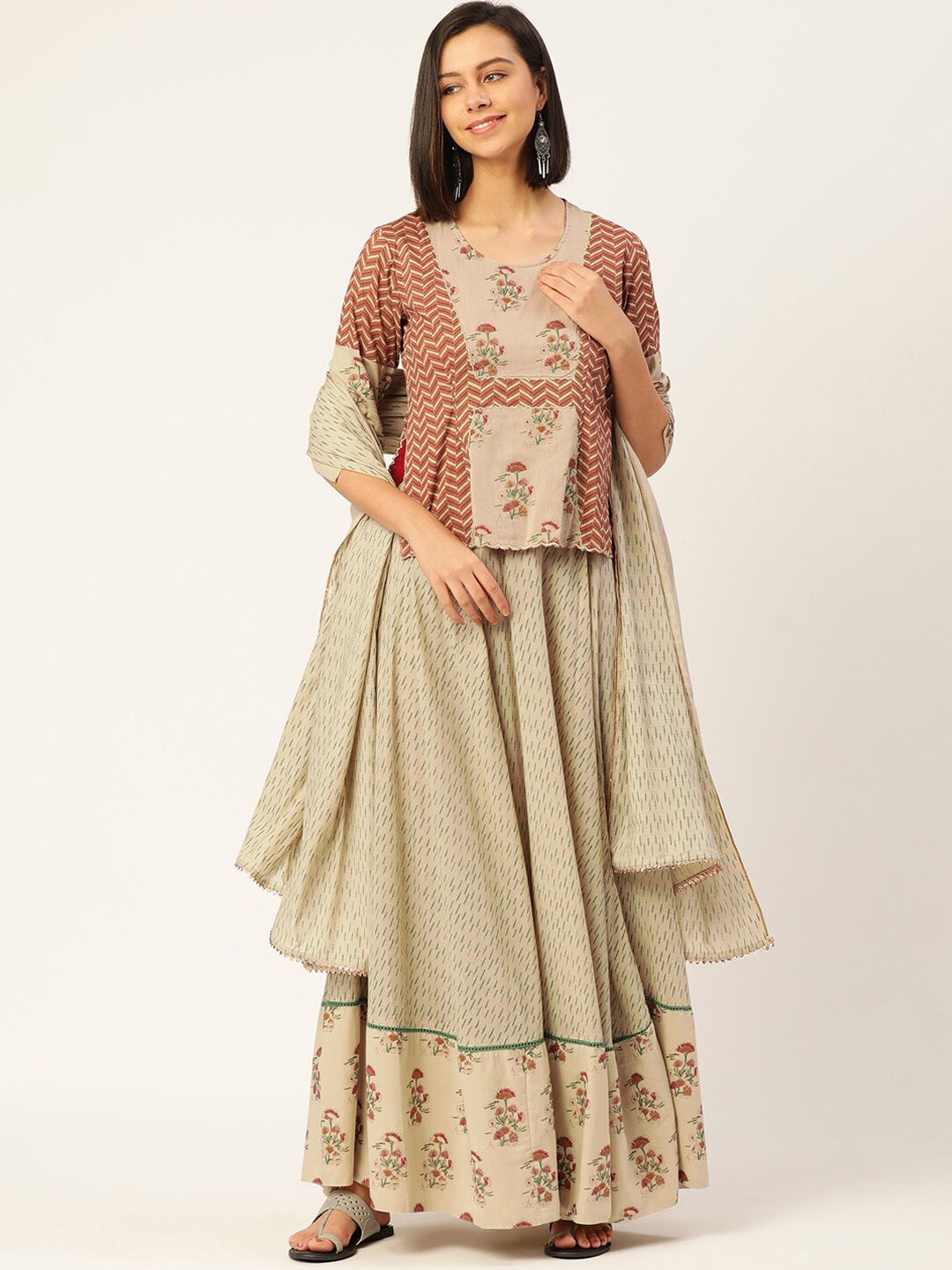 

KALINI Pure Cotton Printed Top And Skirt With Dupatta, Beige