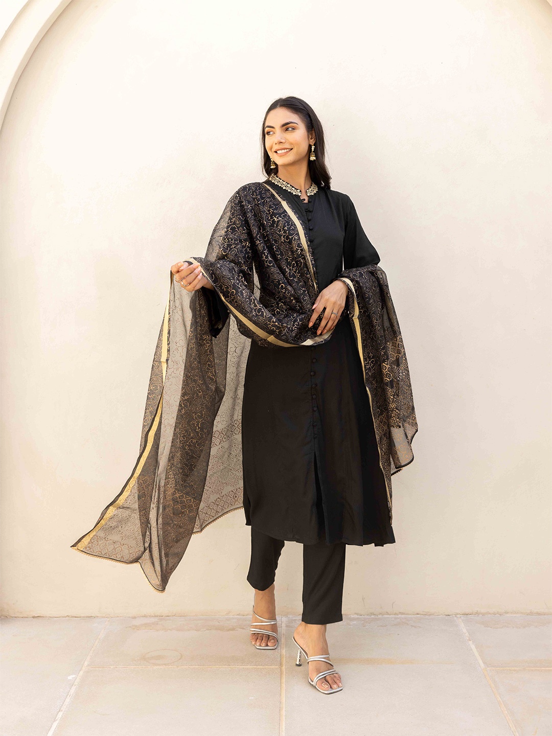 

KALINI Embroidered Anarkali Kurta With Trousers & Dupatta, Black