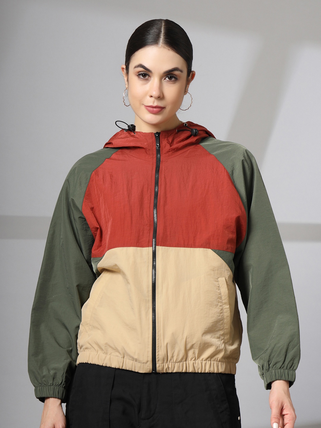 

CHKOKKO Colourblocked Windcheater Dry Fit Hooded Sporty Jacket, Rust