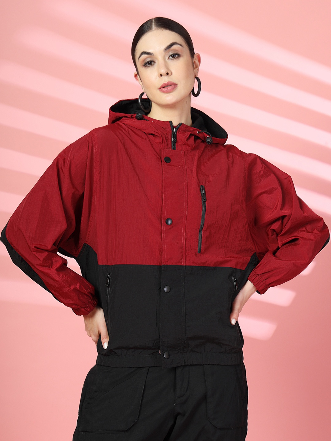 

CHKOKKO Colourblocked Hooded Windcheater Crop Sporty Jacket, Maroon