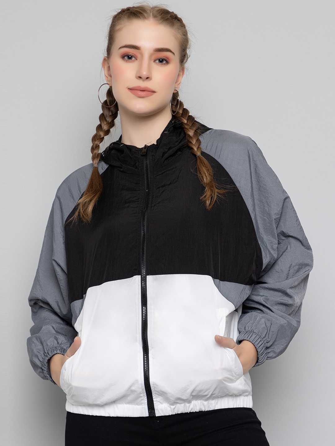 

CHKOKKO Colourblocked Hooded Windcheater Crop Sporty Jacket, Black