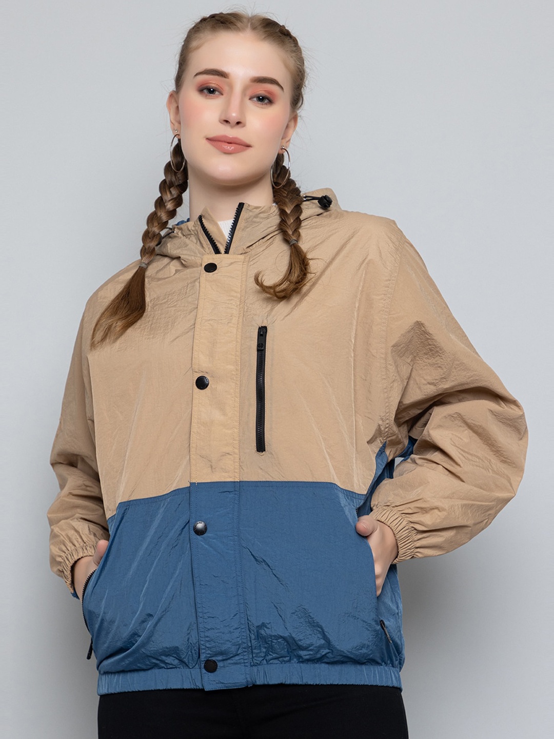 

CHKOKKO Colourblocked Windcheater Dry Fit Hooded Sporty Jacket, Beige