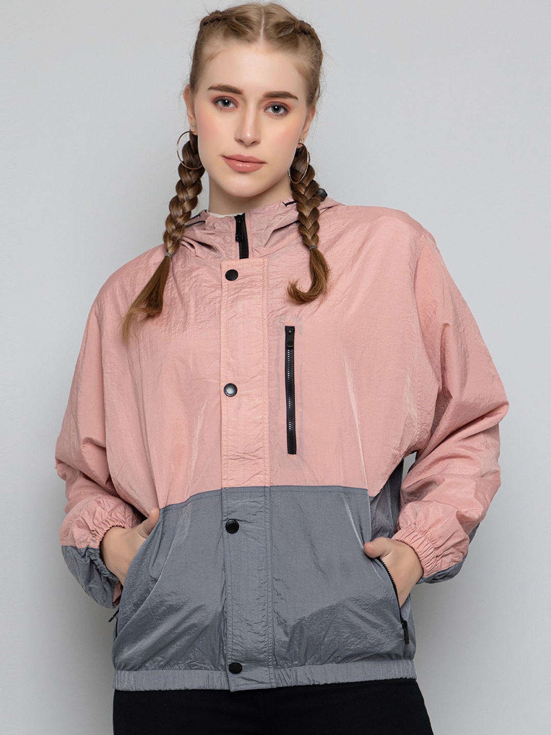 

CHKOKKO Colourblocked Hooded Windcheater Crop Sporty Jacket, Peach