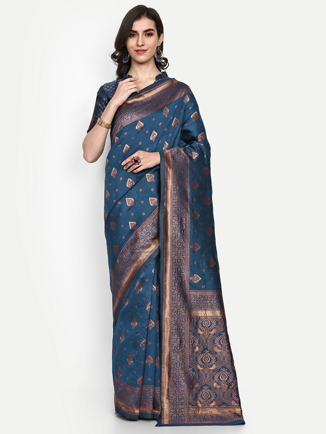 

ALMAARI FASHION Ethnic Motifs Woven Design Zari Pure Silk Kanjeevaram Saree, Blue