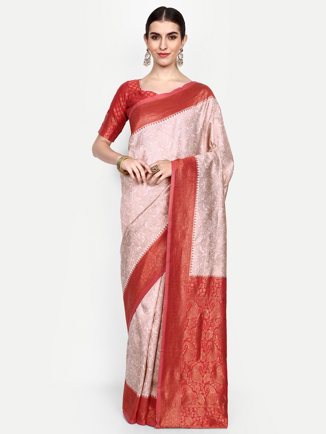 

ALMAARI FASHION Floral Printed Zari Pure Silk Kanjeevaram Saree, Cream