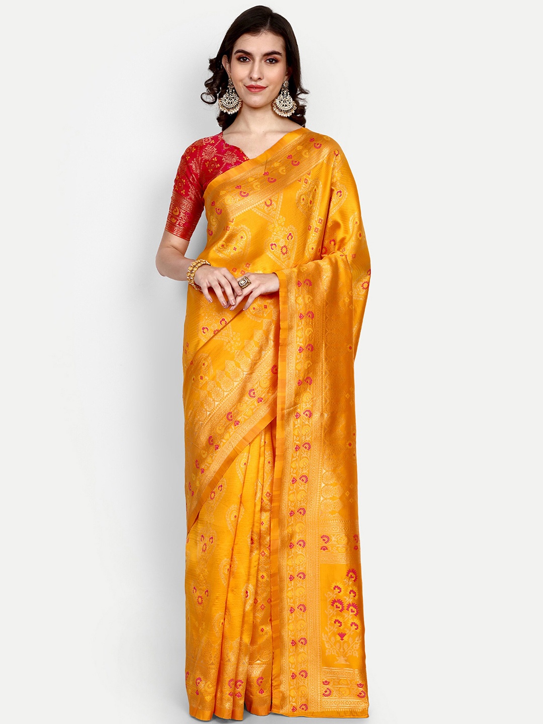 

ALMAARI FASHION Ethnic Motifs Woven Design Zari Pure Silk Kanjeevaram Saree, Yellow