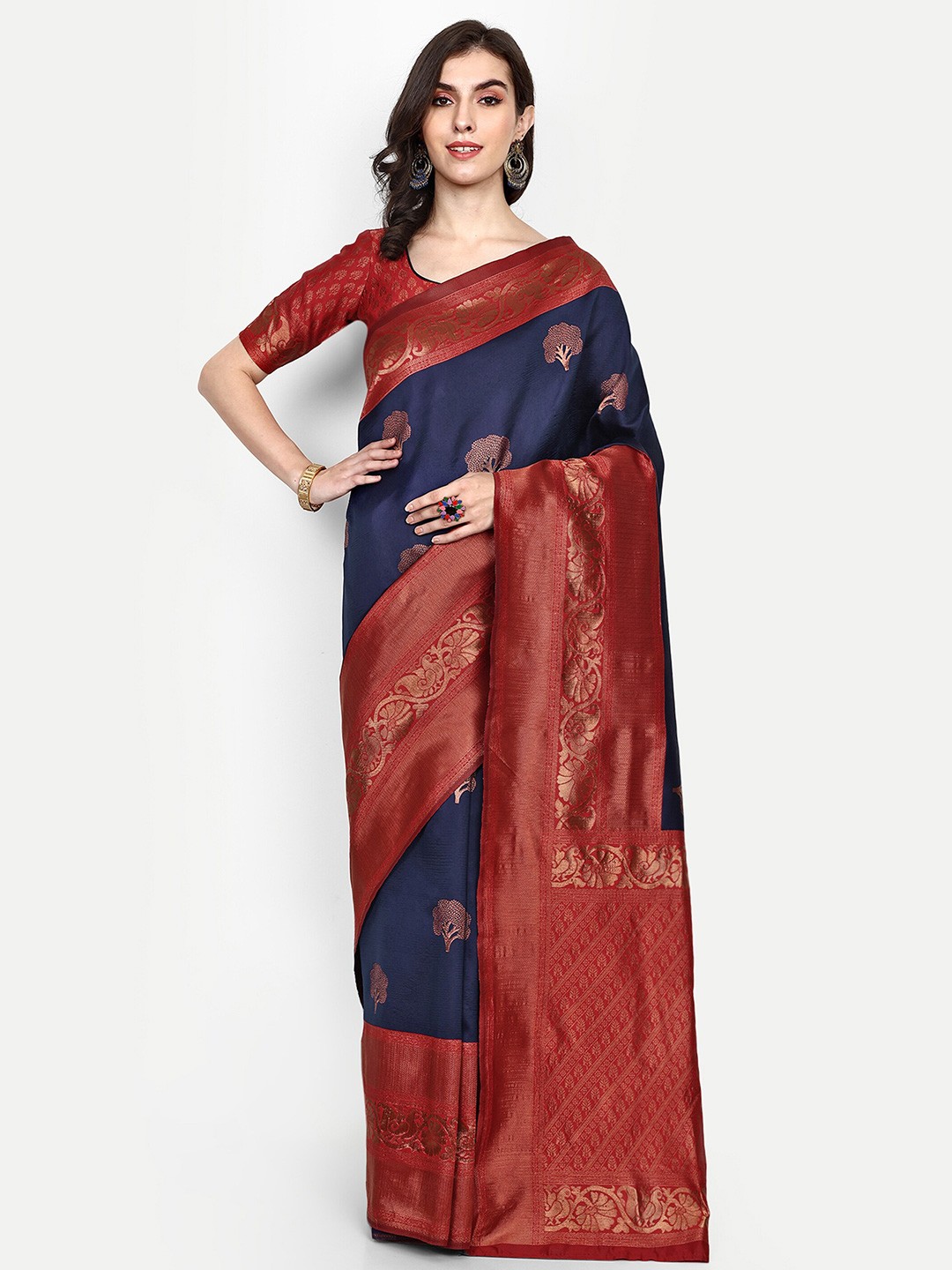 

ALMAARI FASHION Ethnic Motifs Woven Design Zari Pure Silk Kanjeevaram Saree, Navy blue