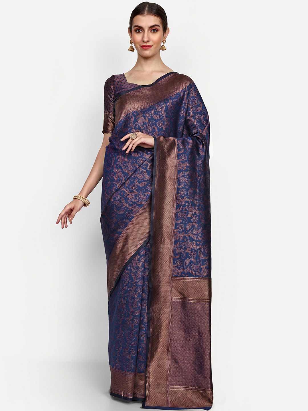 

ALMAARI FASHION Paisley Woven Design Zari Pure Silk Kanjeevaram Saree, Navy blue