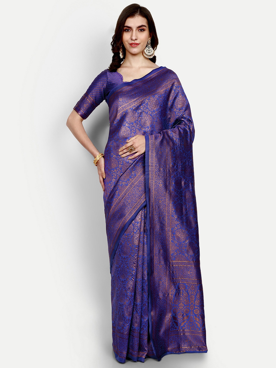 

ALMAARI FASHION Ethnic Motifs Woven Design Zari Detailed Pure Silk Kanjeevaram Saree, Violet