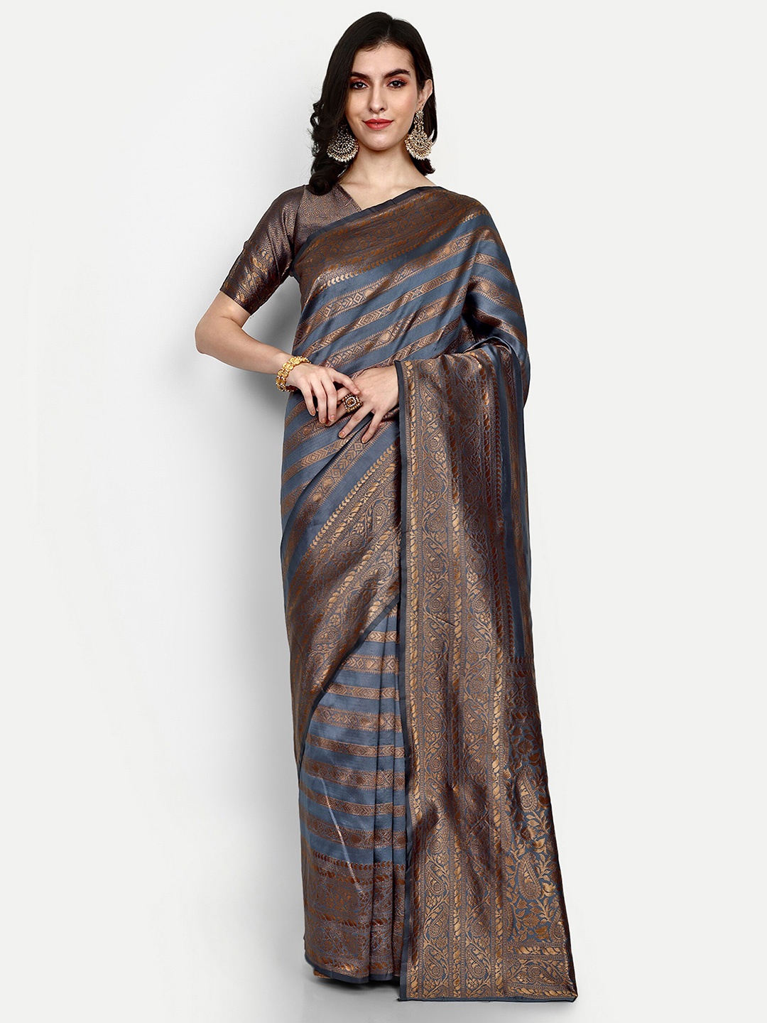 

ALMAARI FASHION Ethnic Motifs Woven Design Zari Pure Silk Kanjeevaram Saree, Grey