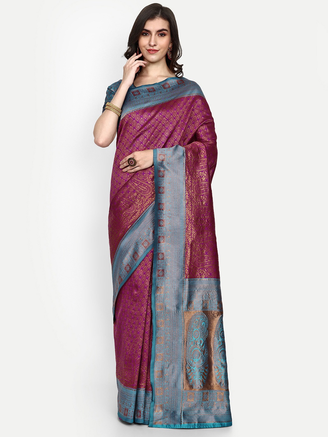 

ALMAARI FASHION Ethnic Motifs Woven Design Zari Pure Silk Kanjeevaram Saree, Purple