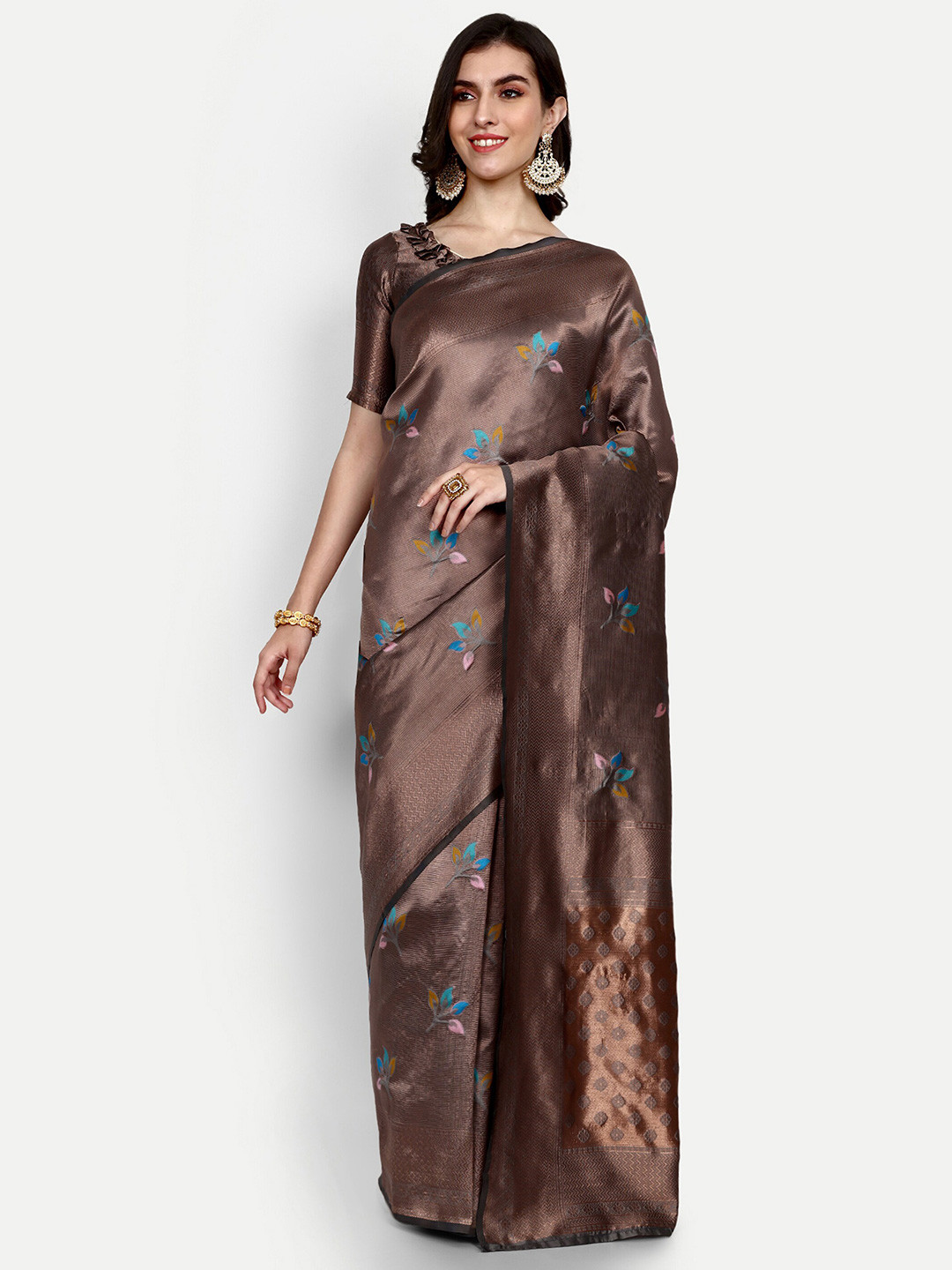 

ALMAARI FASHION Floral Woven Design Zari Detailed Pure Silk Kanjeevaram Saree, Grey