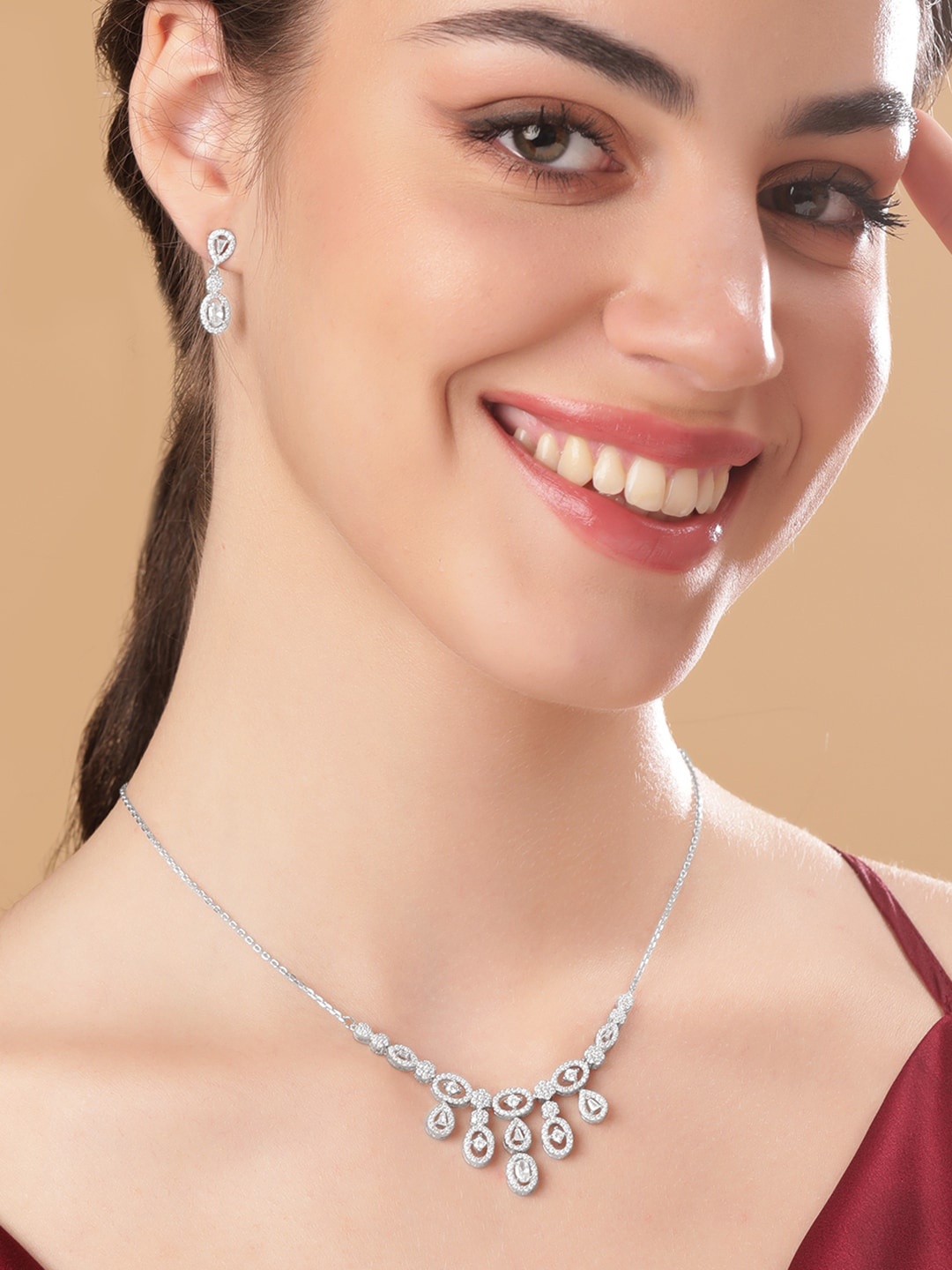 

Rubans Silver Rhodium-Plated CZ-Studded Necklace & Earrings