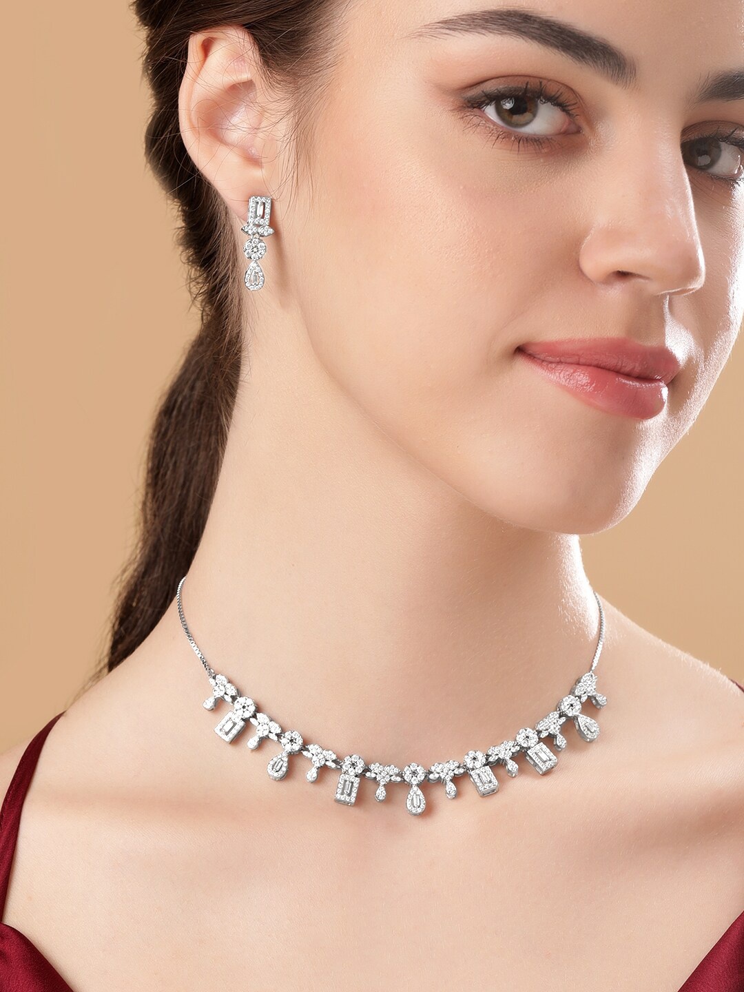 

Rubans Silver Rhodium-Plated CZ-Studded Jewellery Set