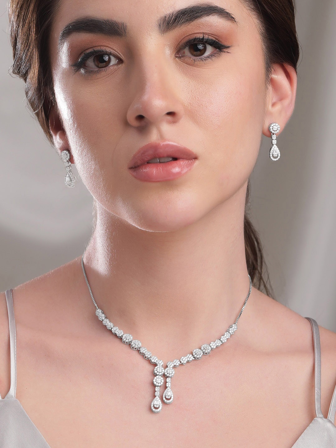 

Rubans Silver Rhodium-Plated CZ-Studded Necklace & Earrings