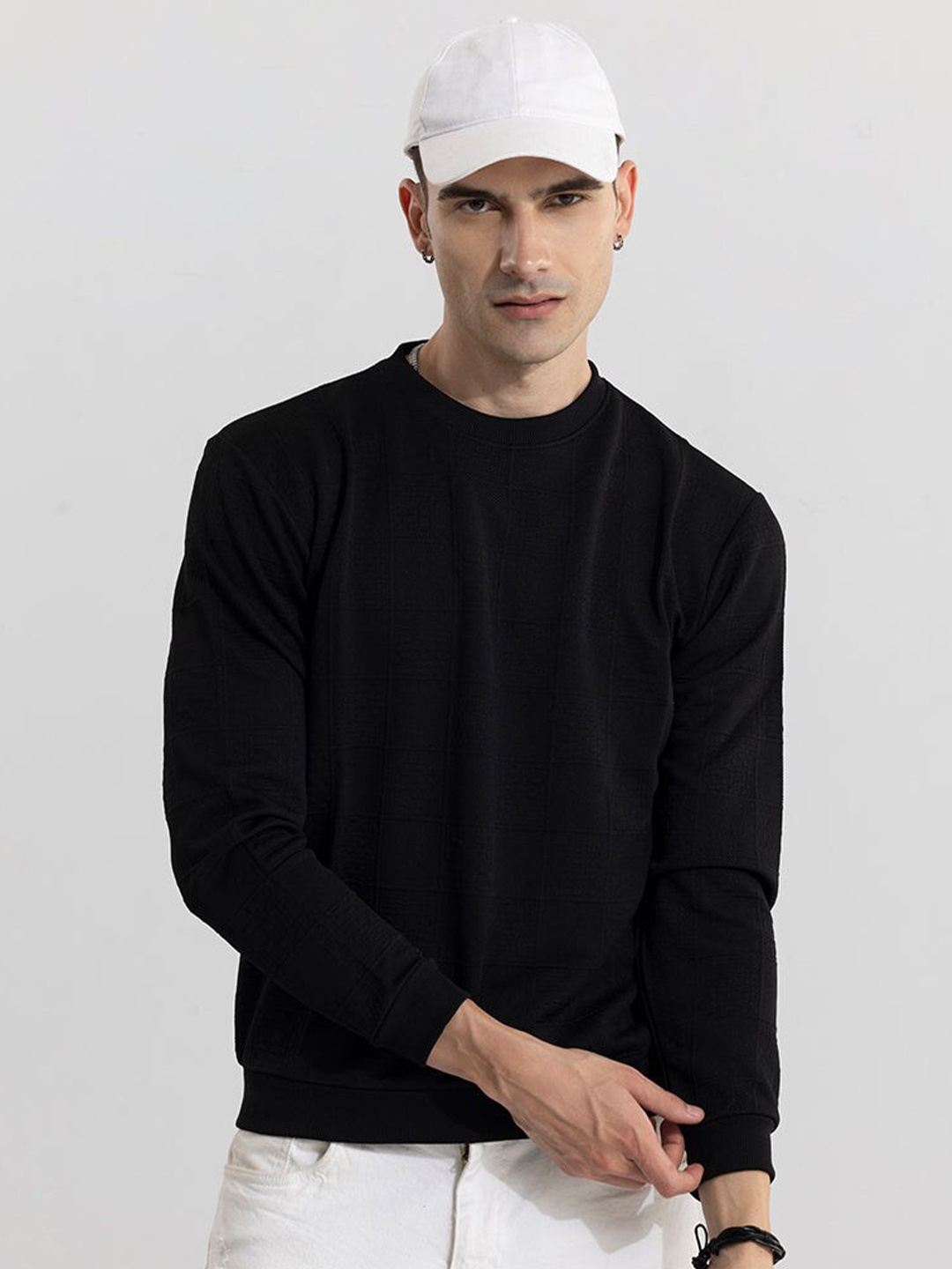 

Snitch Black Self Design Round Neck Pullover