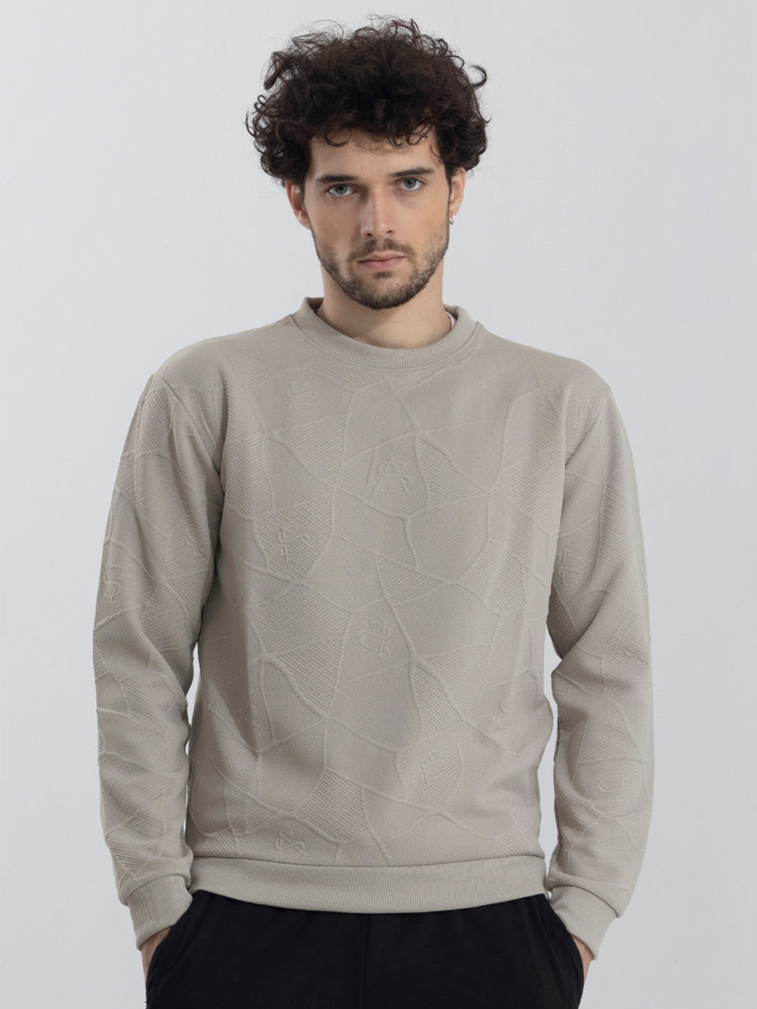 

Snitch Beige Self Design Round Neck Pullover