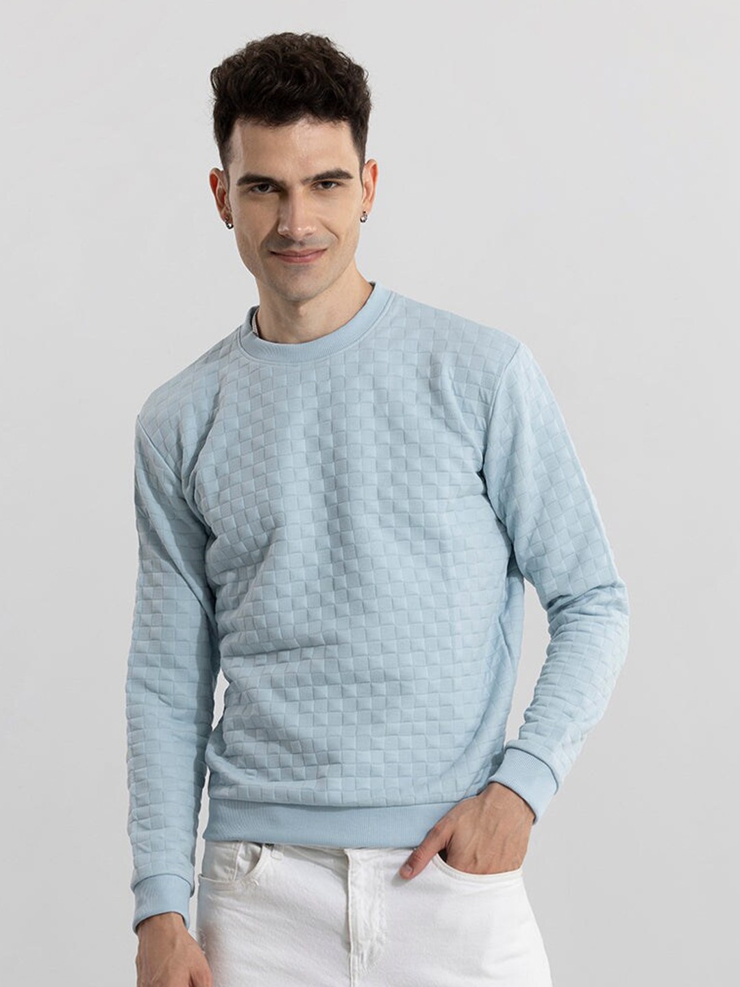 

Snitch Blue Self Design Round Neck Pullover