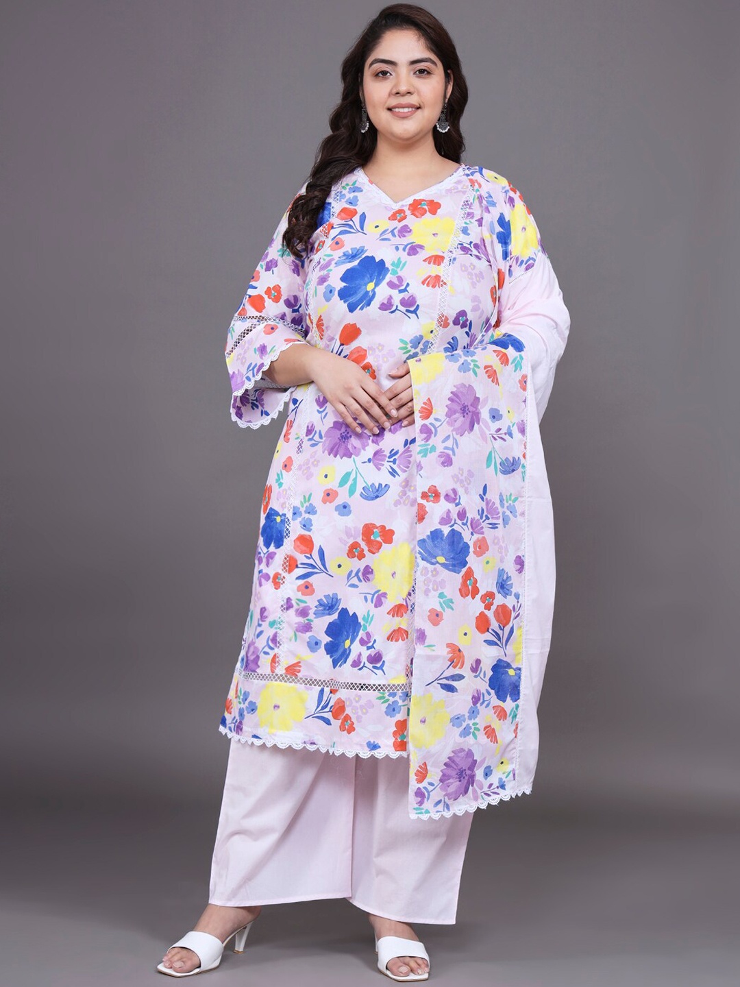 

Tissu Floral Printed Pure Cotton Kurta with Palazzos & Dupatta, Pink