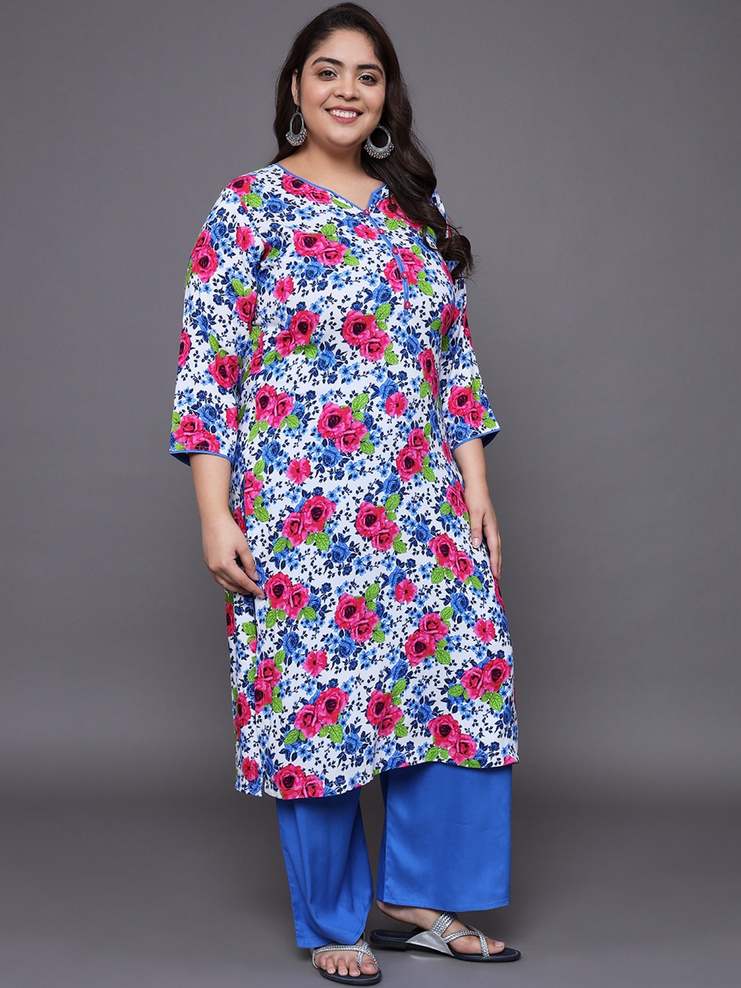 

Tissu Plus Size Floral Printed Kurta & Palazzo, White