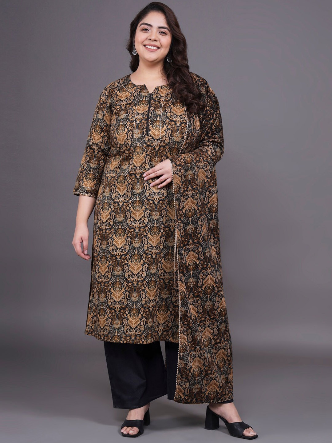 

Tissu Plus Size Ethnic Motif Printed Pure Cotton Straight Kurta With Palazzos & Dupatta, Brown