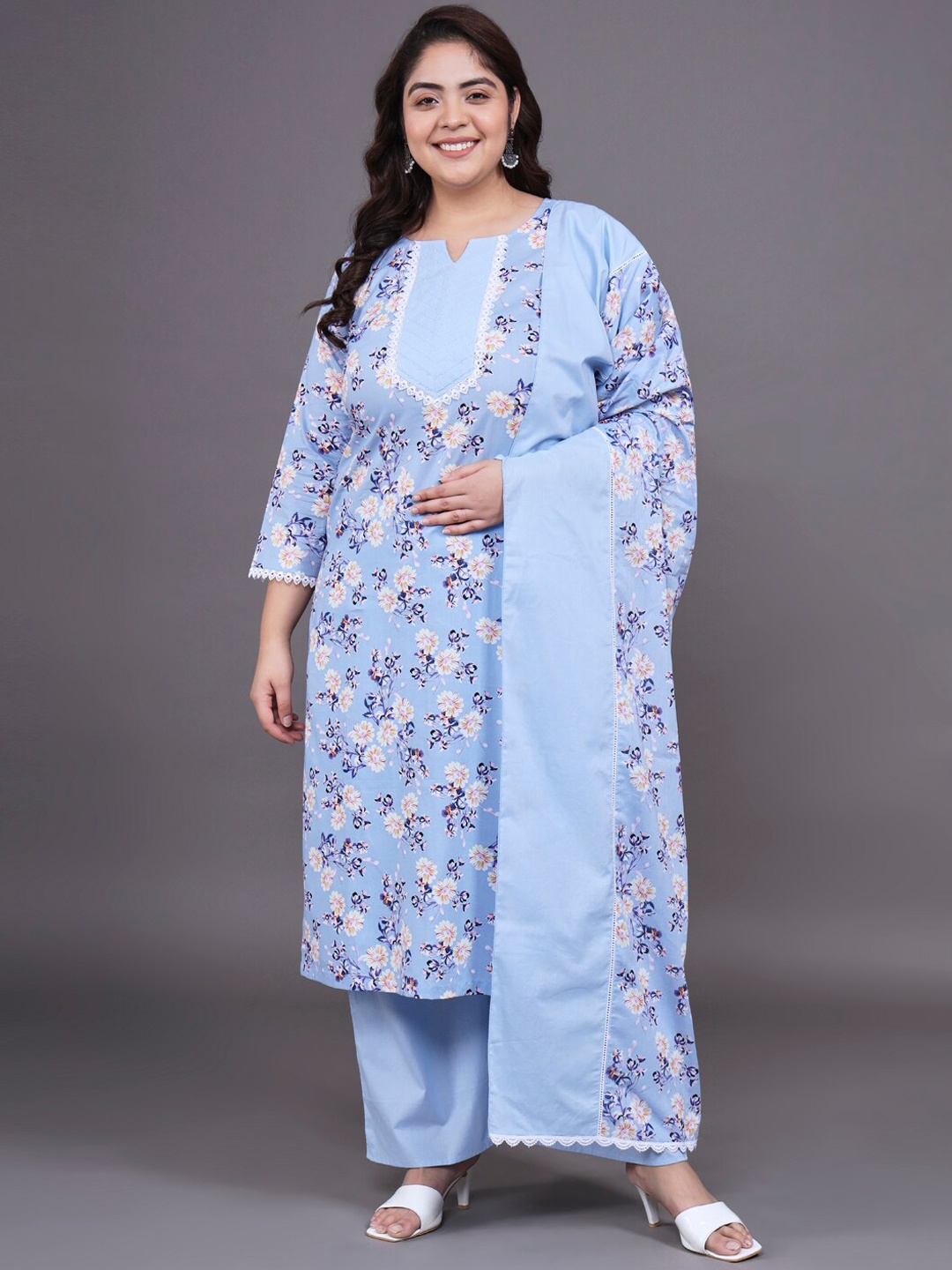 

Tissu Plus Size Floral Printed Pure Cotton Straight Kurta With Palazzos & Dupatta, Blue