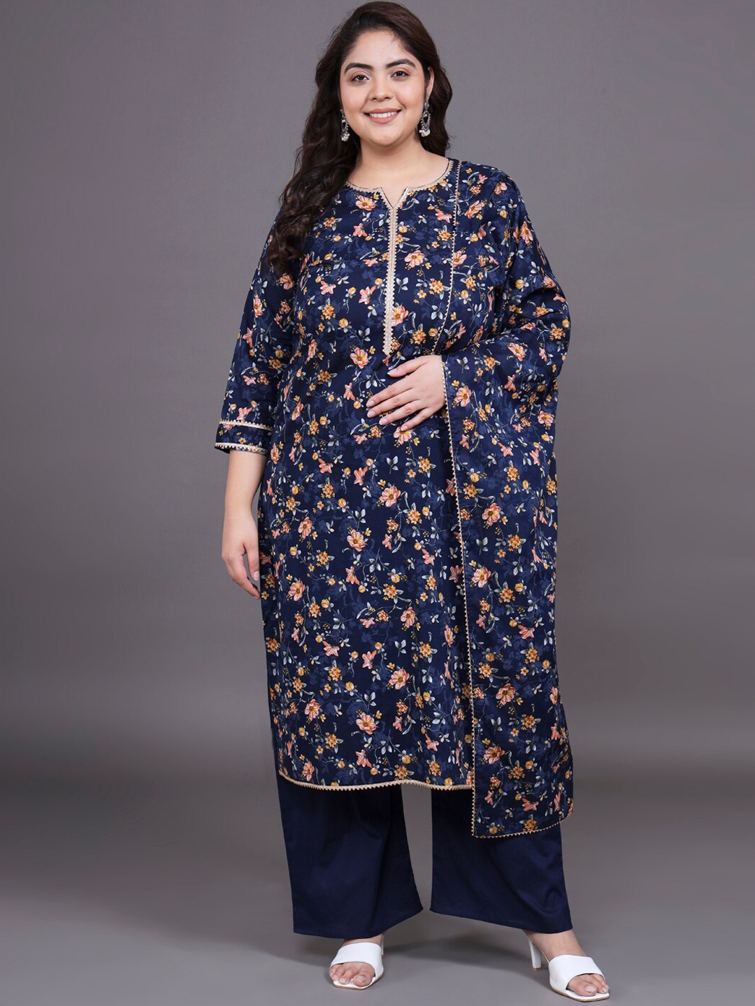 

Tissu Plus Size Floral Printed Pure Cotton Straight Kurta With Palazzos & Dupatta, Navy blue