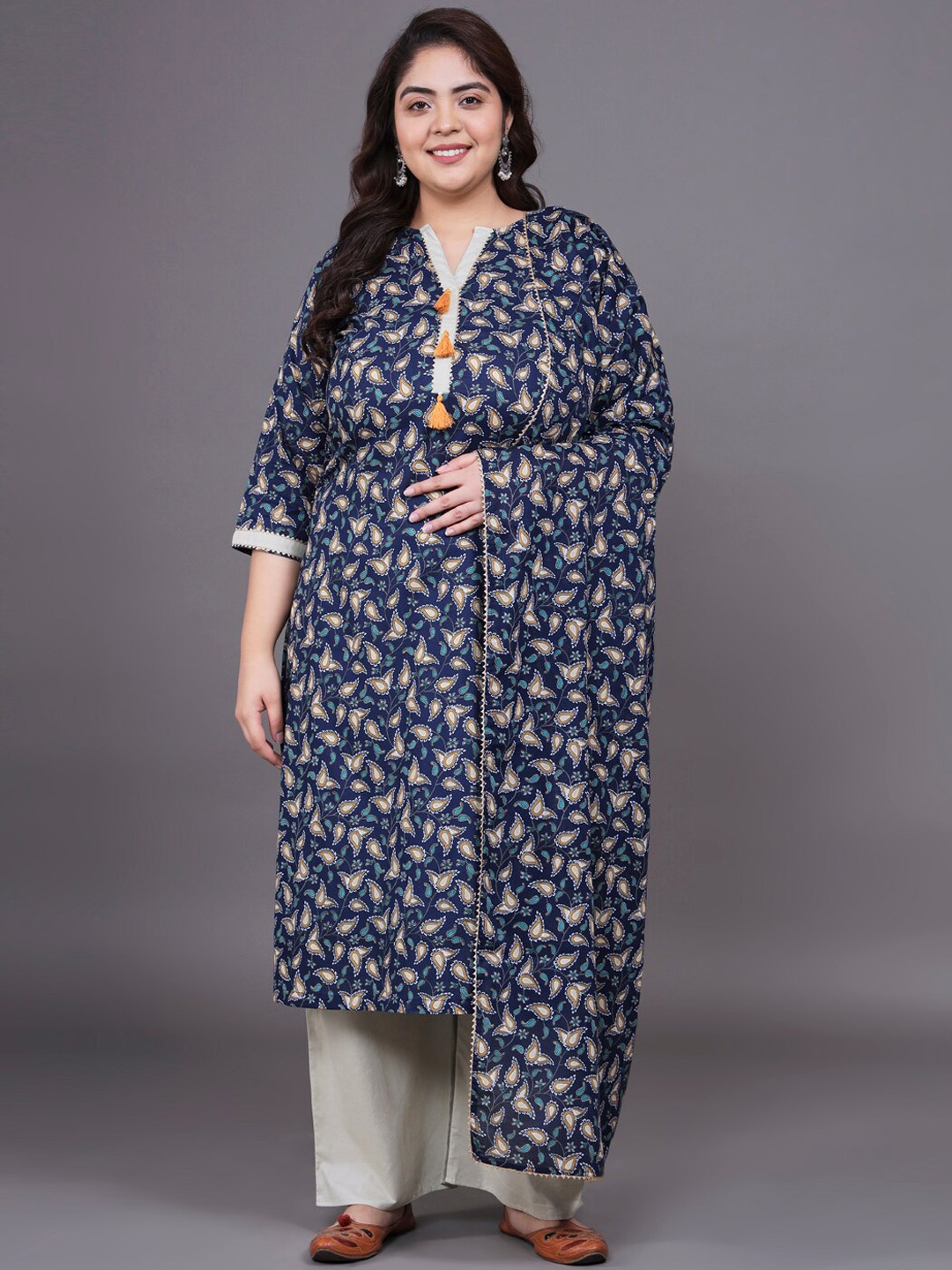 

Tissu Plus Size Ethnic Motif Printed Pure Cotton Straight Kurta With Palazzos & Dupatta, Navy blue