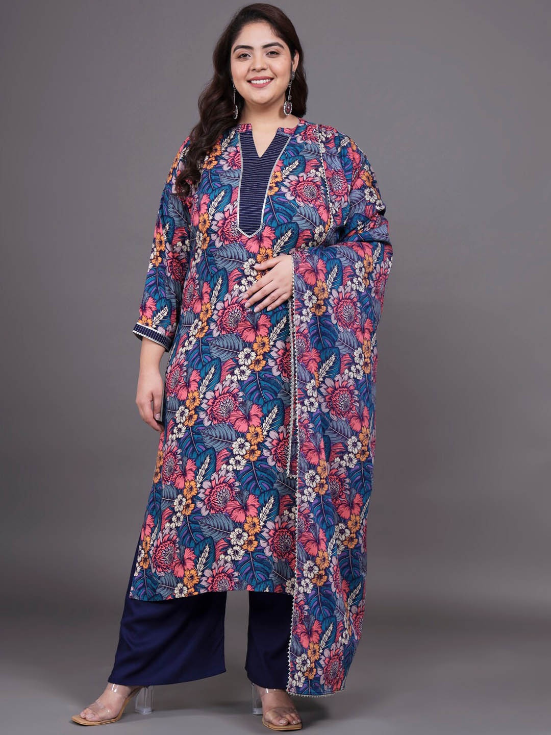 

Tissu Floral Printed Kurta with Palazzos & Dupatta, Blue