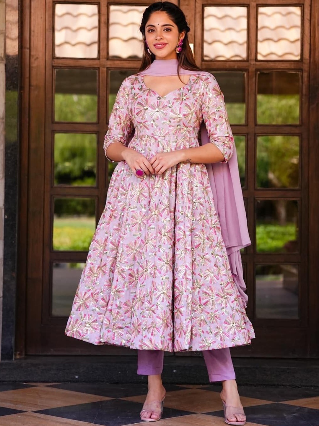 

ESTELA Floral Embroidered Empire Sequined Kurta With Trousers & Dupatta, Purple