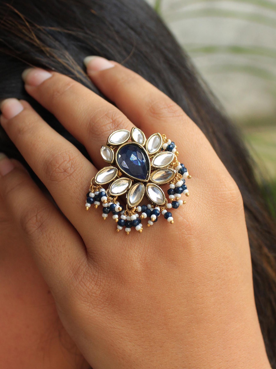 

BeAbhika Kundan-Studded & Pearl-Beaded Adjustable Finger Ring, Gold