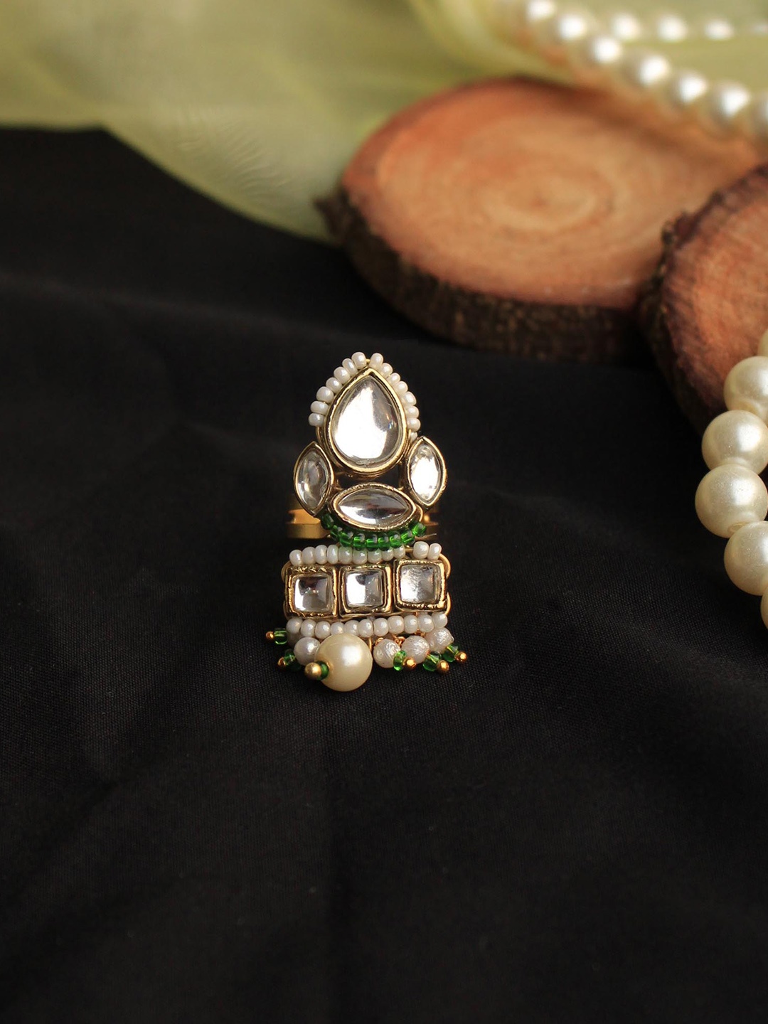 

BeAbhika Kundan-Studded & Pearl-Beaded Adjustable Finger Ring, Green