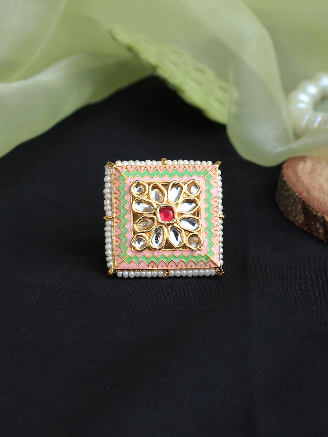 

BeAbhika Kundan Studded & Beaded Adjustable Enamelled Square Finger Ring, Gold