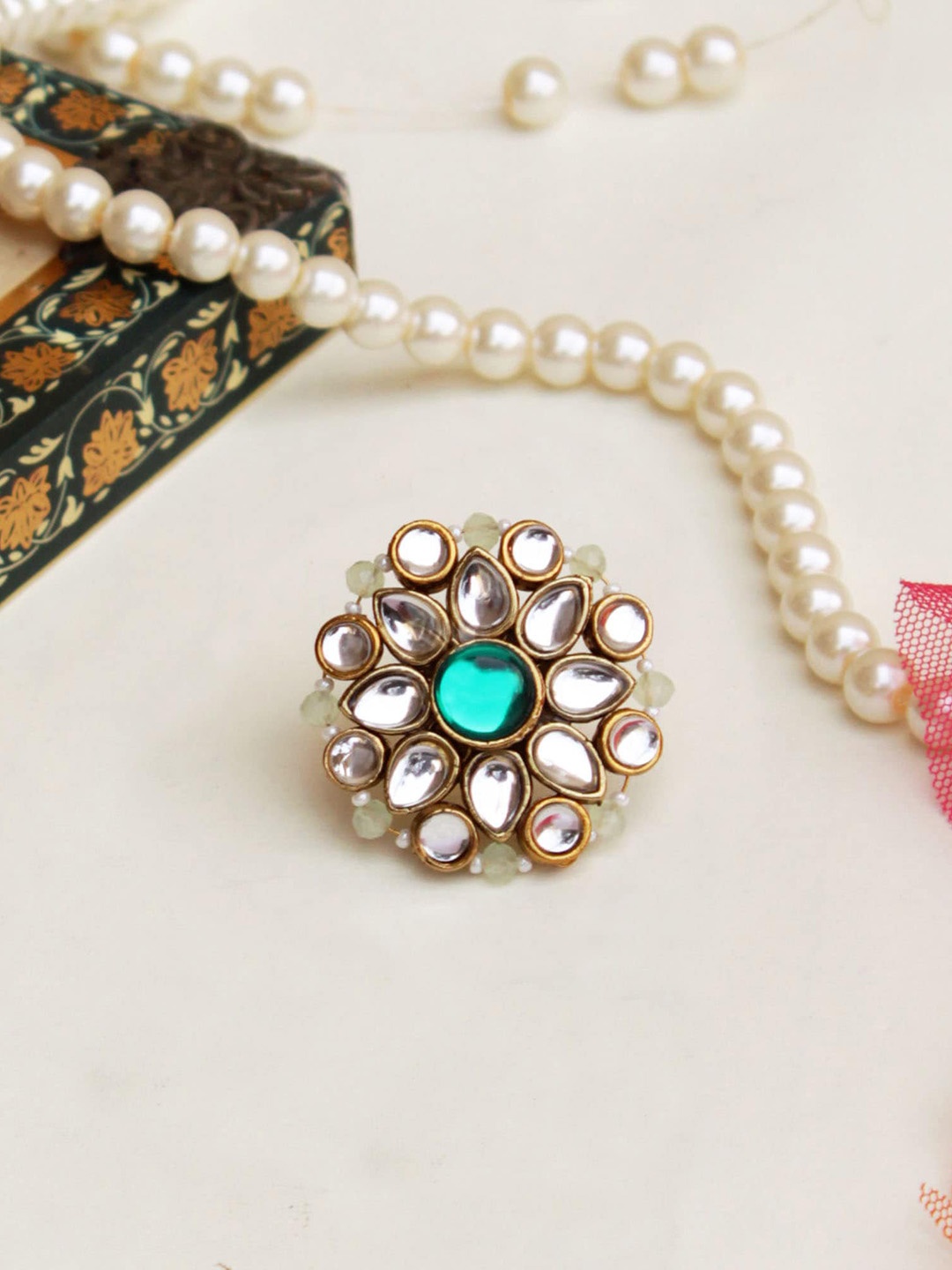 

BeAbhika Kundan Studded Adjustable Finger Ring, Gold