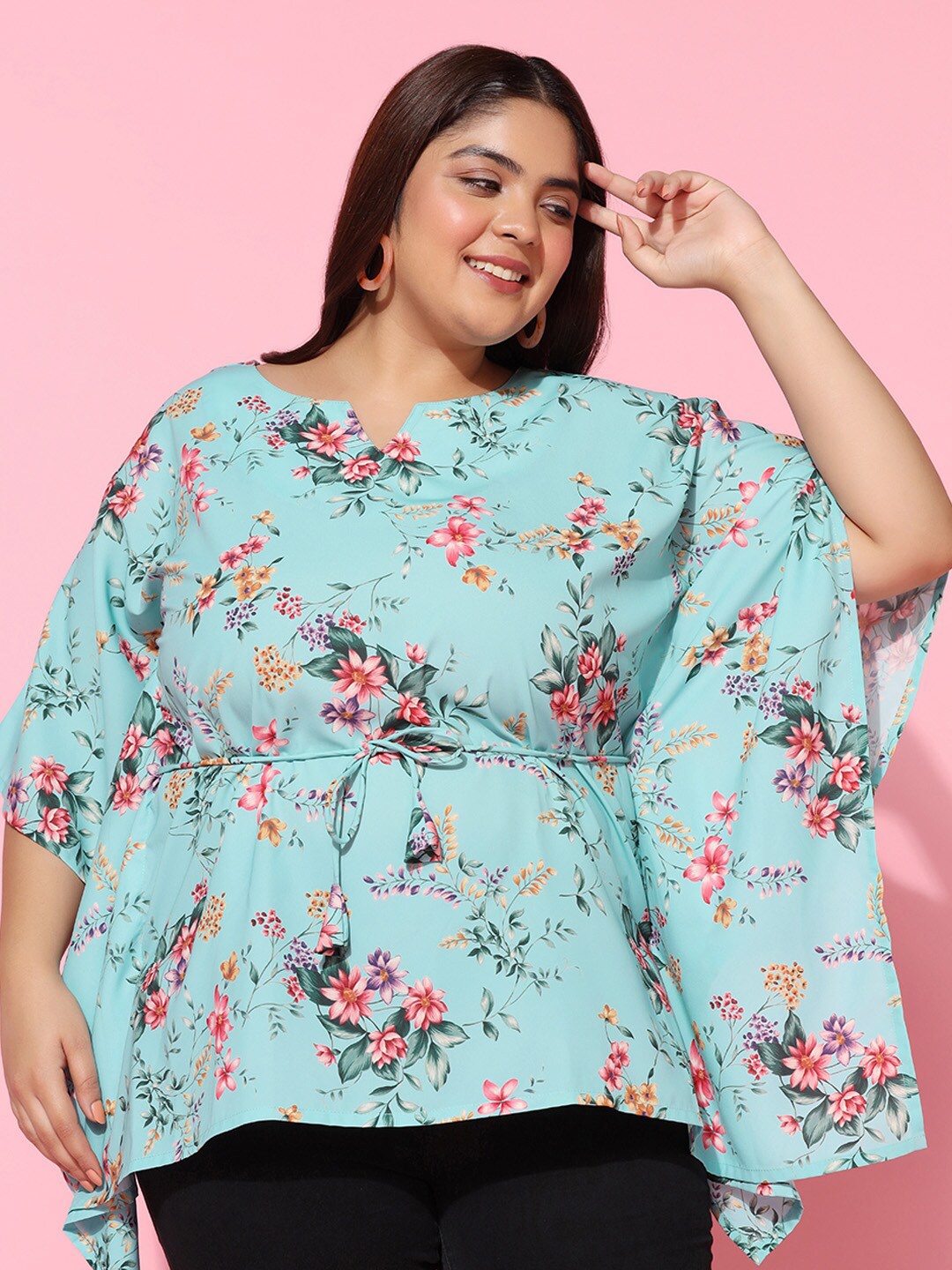 

FASHION DREAM Plus Size Floral Printed Kimono Sleeve Kaftan Top, Blue